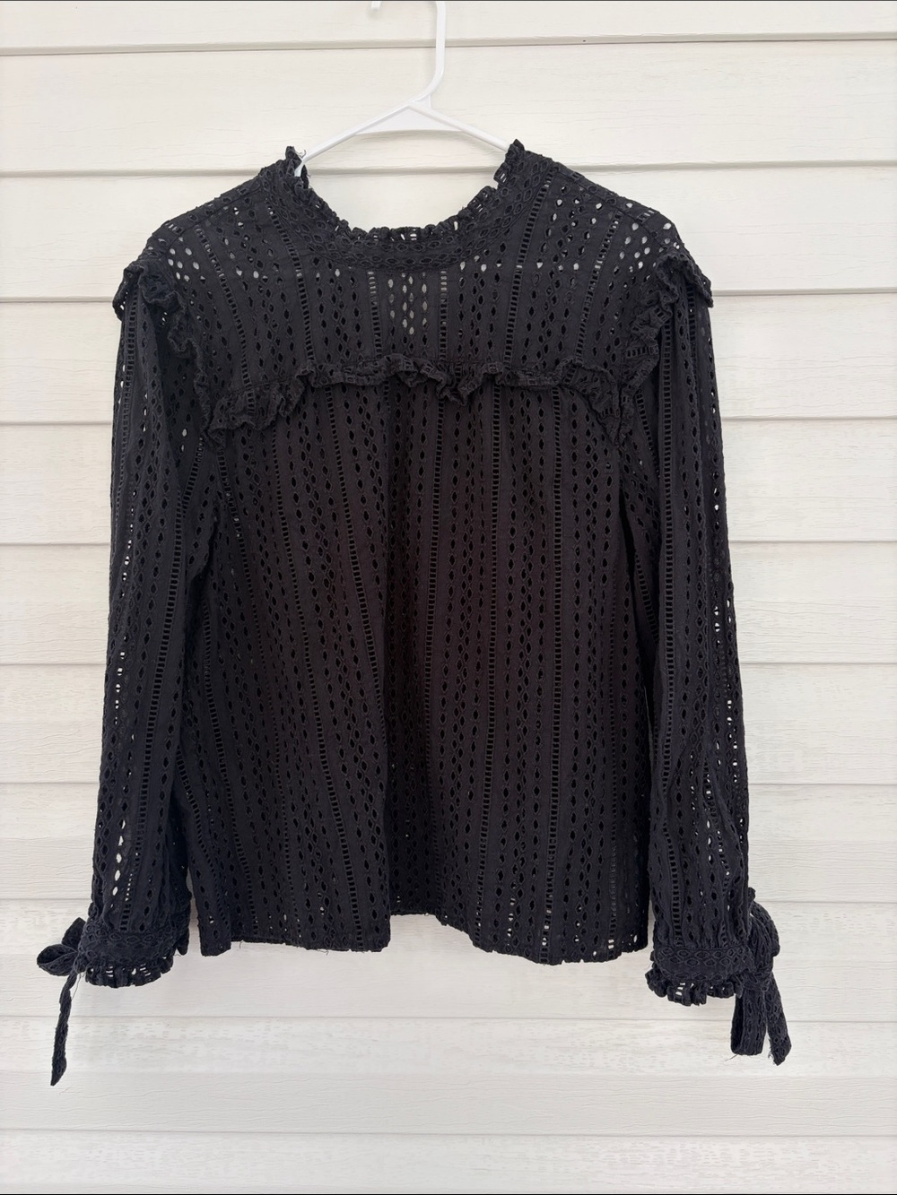 Madewell Eyelet Mockneck Ruffle Blouse Tie Back Puff Sleeve Cotton Top